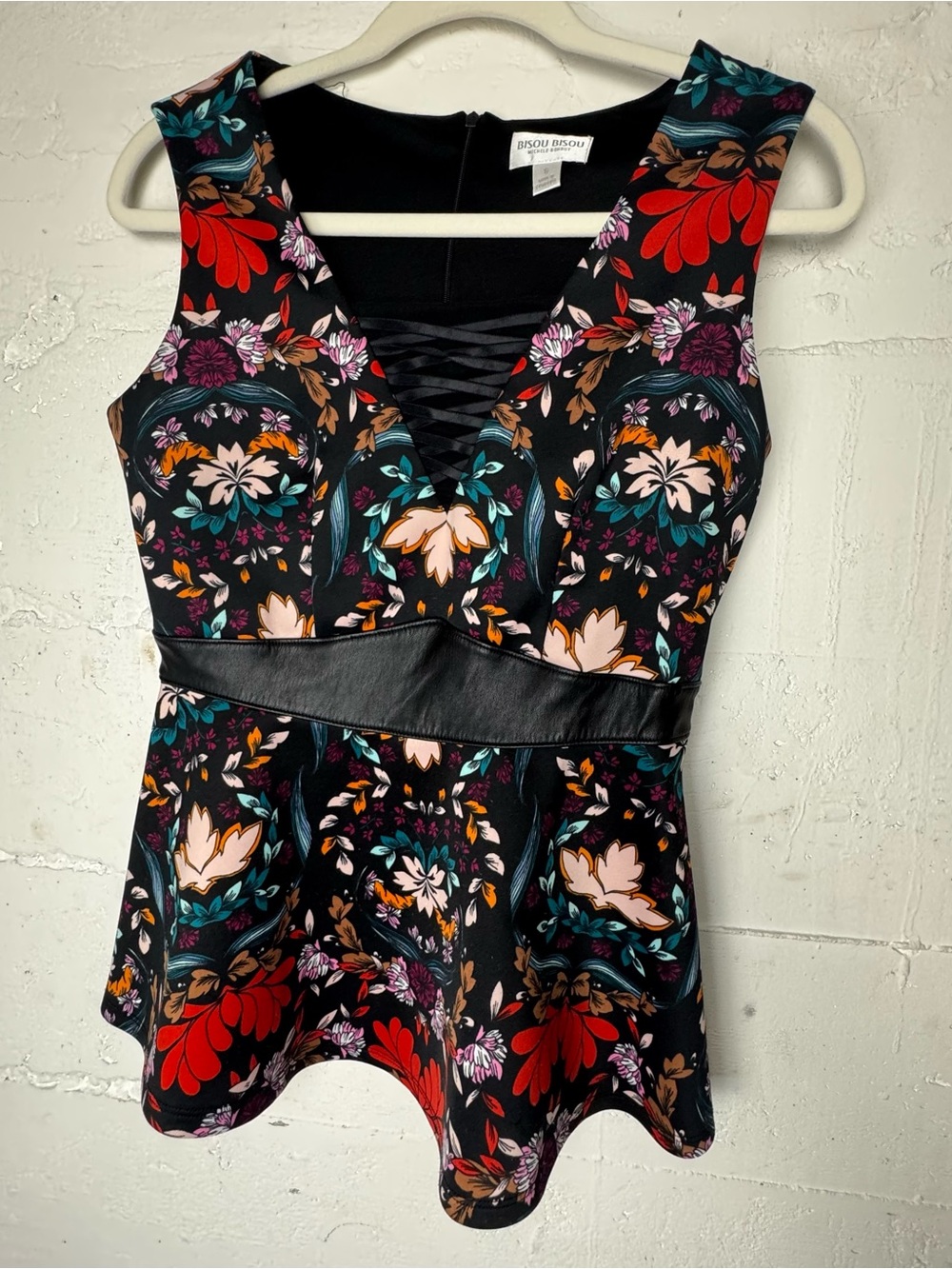 Bisou Bisou Floral Lace-Up Peplum Top - Black Multi faux leather belt Goth Alt S